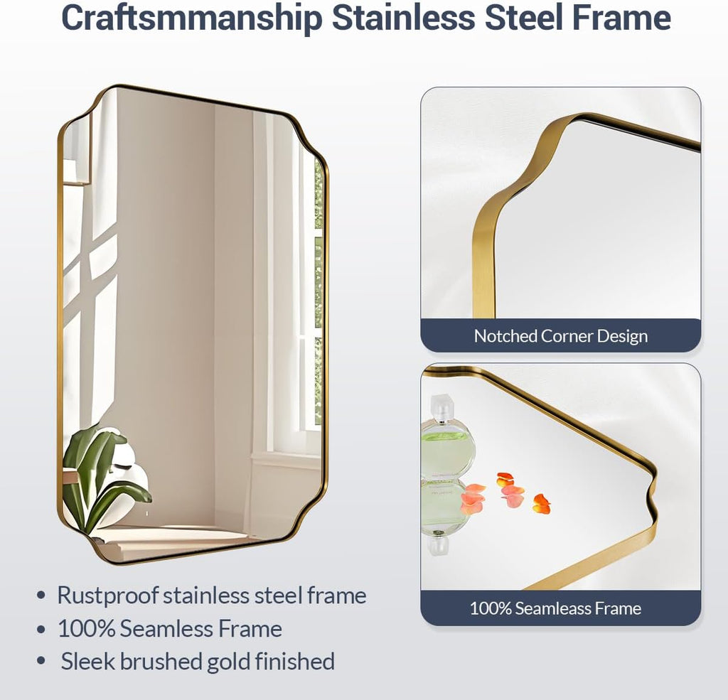 MIRRORART Gold Bathroom Mirrors 24x32 Inch, Brushed Brass Scalloped Mirrors for Bathroom, Notched Corner Rectangle Mirror in 1'' Stainless Steel Metal Frame Hang Vertical/Horizontal Home Remodel