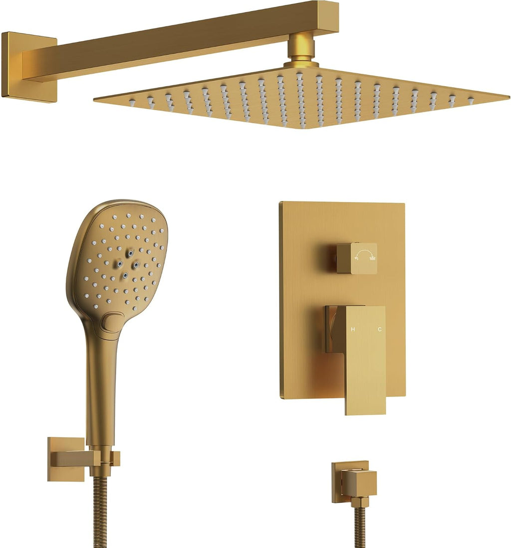 Square Rain Shower System Faucet Set, 10 Inch Rainfall Shower Head with Handheld, Wall Mount Faucet Set with Valve, Brushed Gold