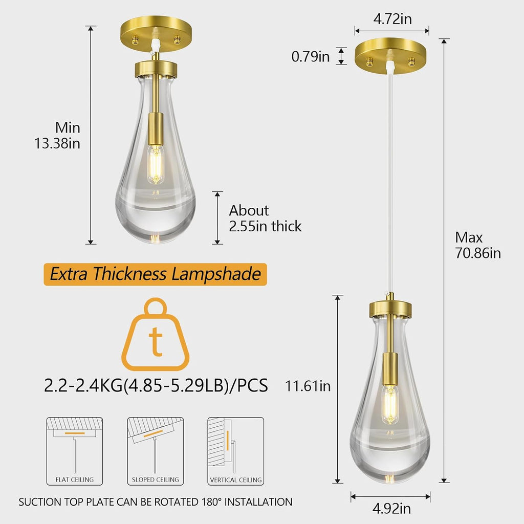 Raindrop Pendant Lights Kitchen Island Set of 3 Teardrop Gold Hanging Light Fixtures Clear Solid Glass Pendant Light Modern Chandeliers for Dining Room Porch Corridor Living Room…