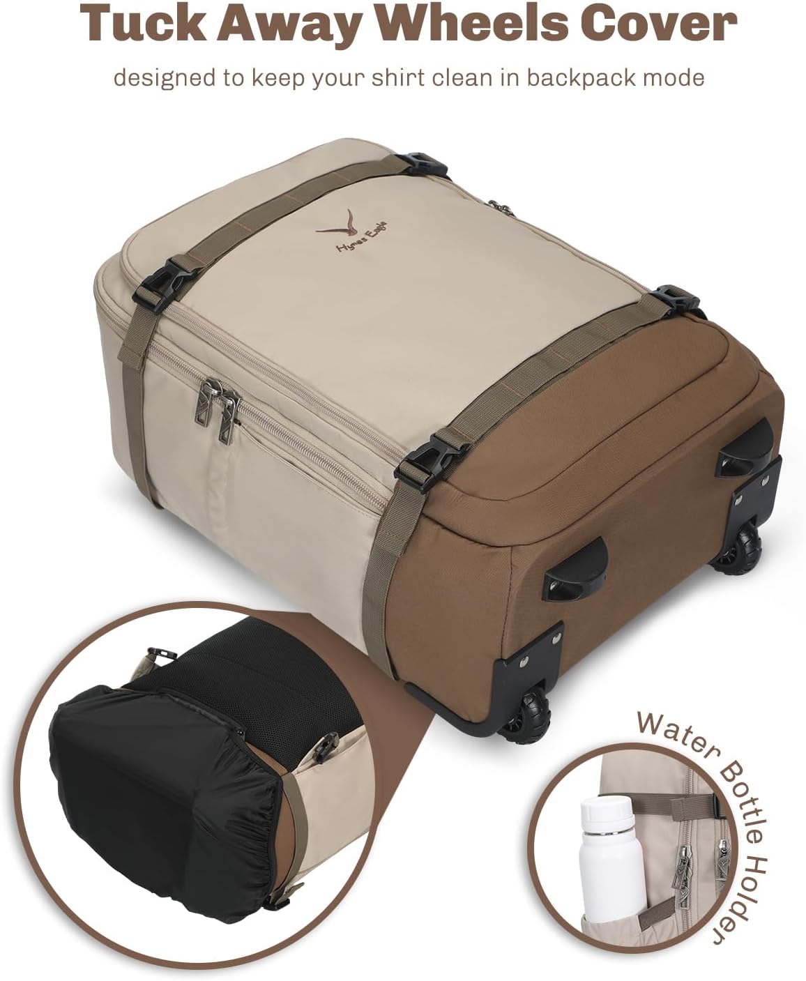 Hynes Eagle Rolling Backpack 42L Backpack with Wheels Airline Approved Carry on Luggage Laptop Travel Suitcase Bag for Women Men Khaki