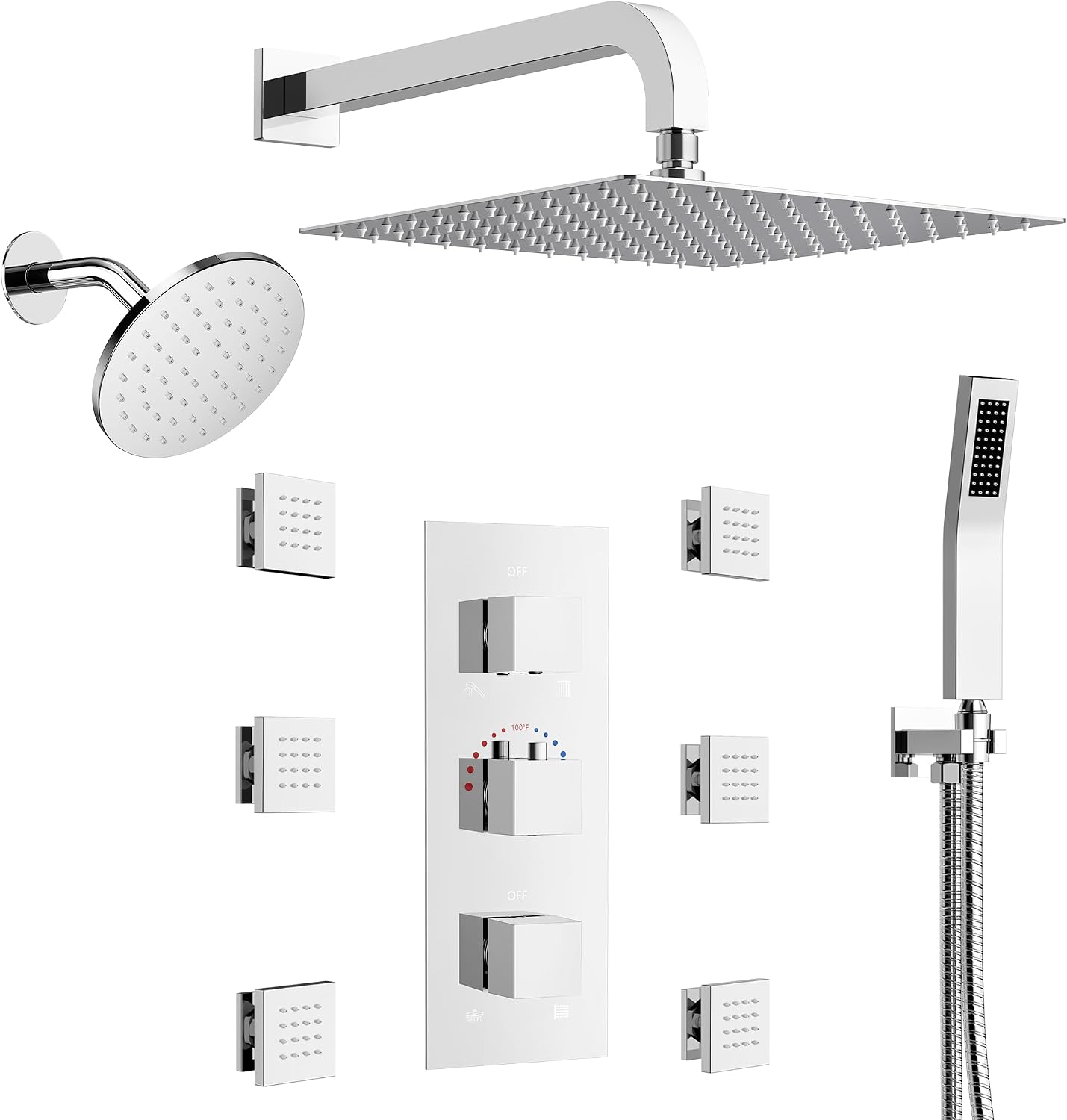 Wall Mount 12' High-Pressure Rainfall Shower Faucet, Dual Rainfall Shower Head System with 6 Body Jets (Polished Chrome)