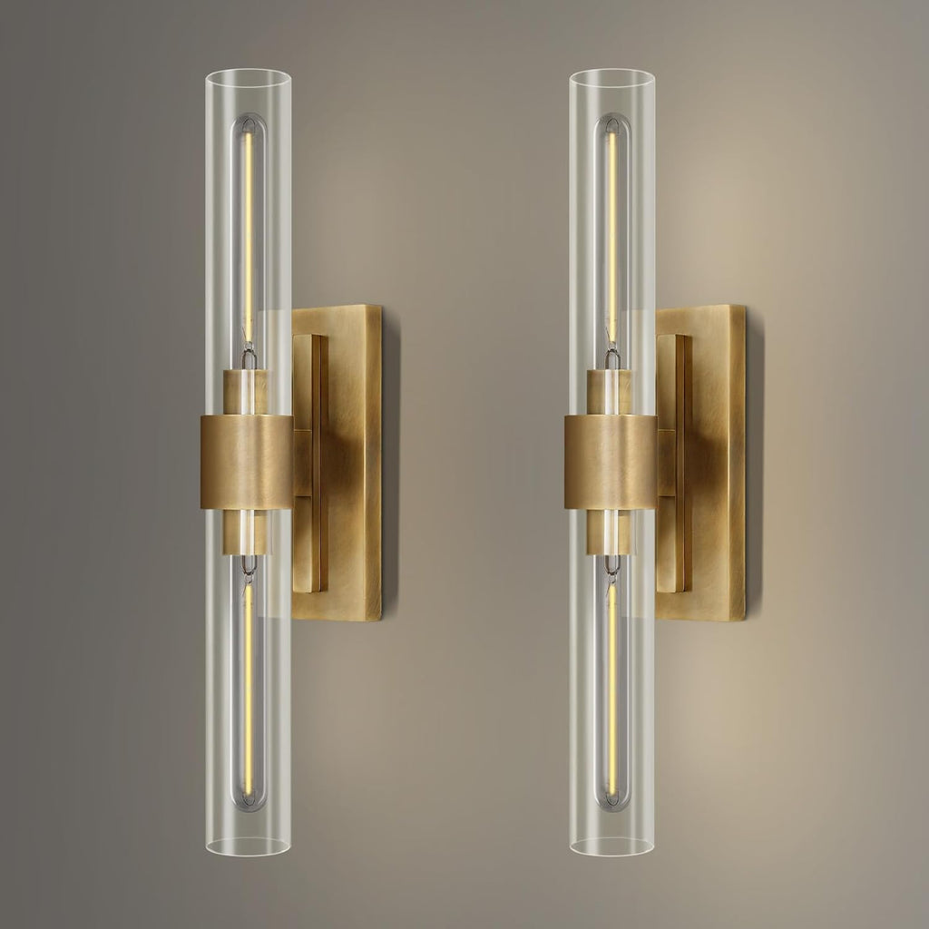 YUYI Brass Wall Sconces Set of Two, 22.8'' Gold Bathroom Sconces Wall Decor with Clear Glass Shade, Indoor Vanity Wall Lights for Bathroom Living Room Bedroom Hallway Fireplace Staircase