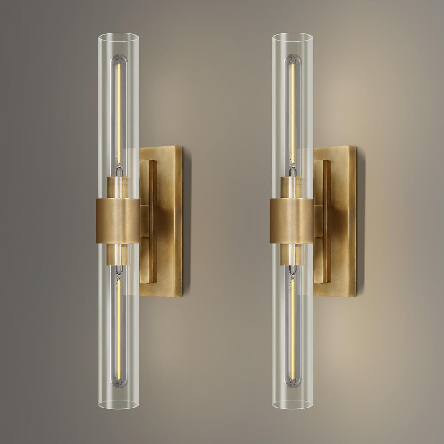 YUYI Brass Wall Sconces Set of Two, 22.8'' Gold Bathroom Sconces Wall Decor with Clear Glass Shade, Indoor Vanity Wall Lights for Bathroom Living Room Bedroom Hallway Fireplace Staircase