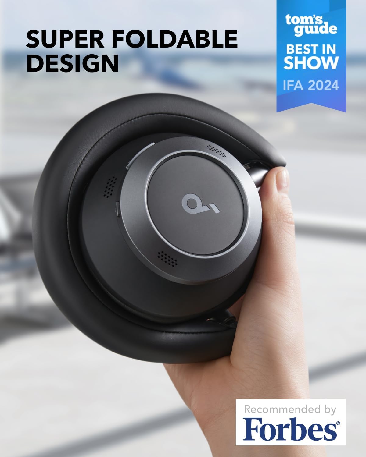 Soundcore Space One Pro by Anker, Adaptive Active Noise Cancelling Headphones Driven by 6 Mics, Super Foldable Design, 60H Lossless Audio, Ultra-Fast Charging, Hi-Res Wireless Audio(Renewed)