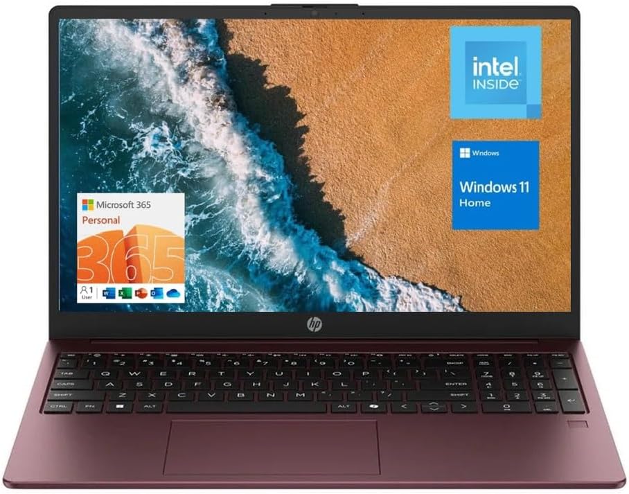 HP 15.6' Portable Laptop (Include 1 Year Microsoft 365), HD Display, Intel Quad-Core N200 Processor, 16GB RAM, 128GB PCIe SSD, Wi-Fi 6, Webcam, HDMI, Numeric Keypad, Windows 11 Home, Glimmer Garnet
