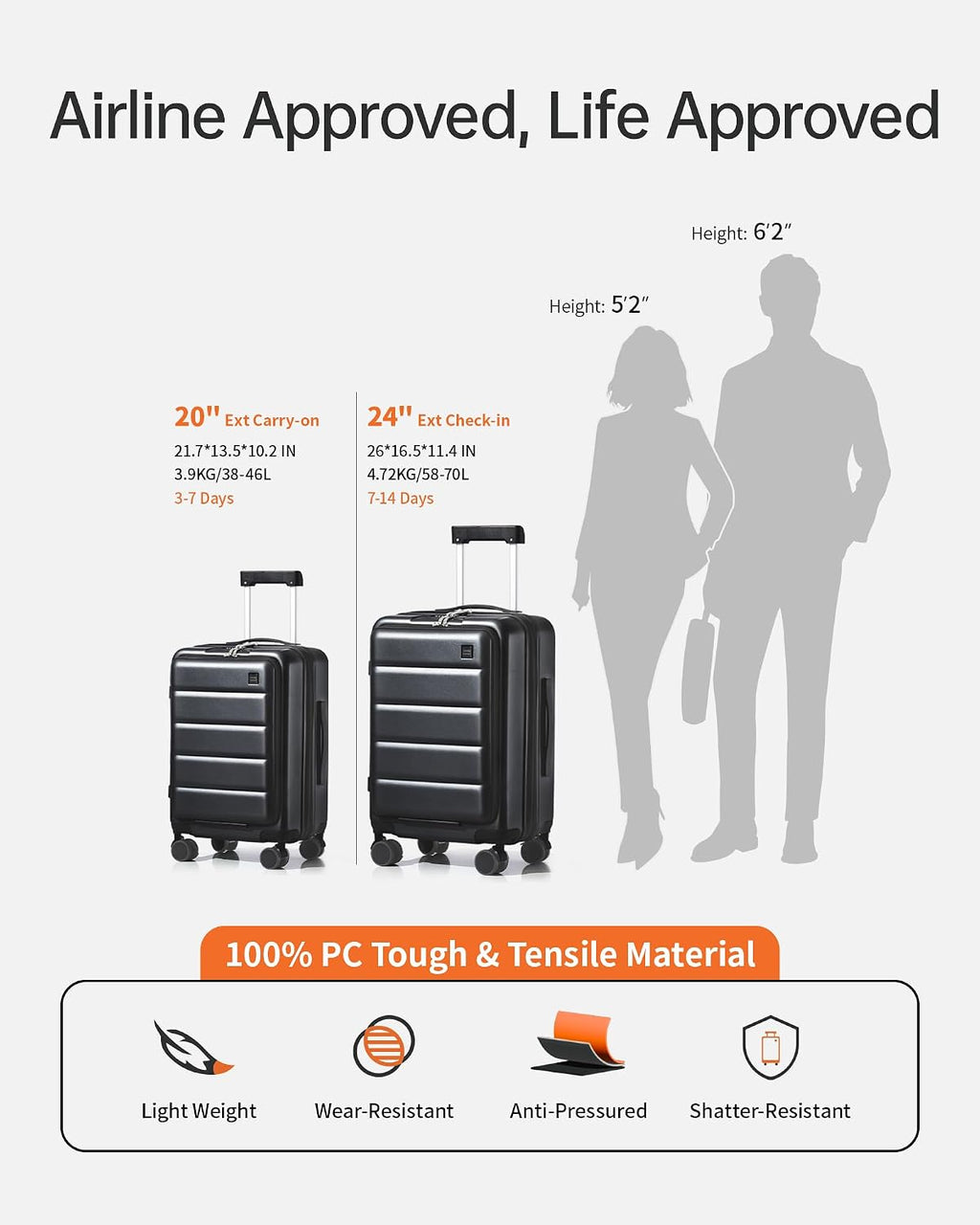 Expandable 20Inch Carry On Luggage Airline Approved - Front Pocket Travel Suitcase 100% PC Unbreakable -with Cup Holder,USB Charge,Side Pothook, 360°Spinner Wheels, TSA Lock-Black