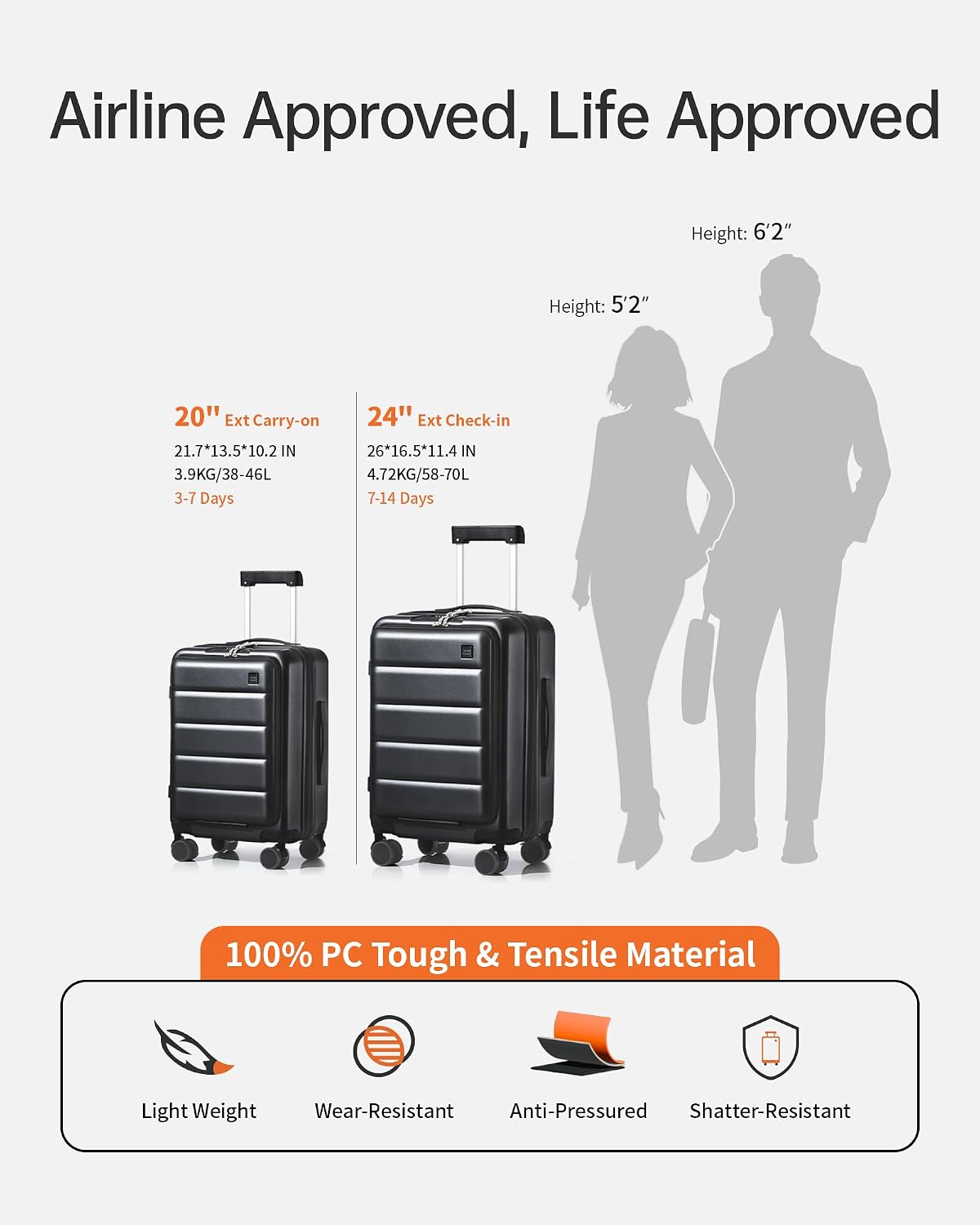 Expandable 20Inch Carry On Luggage Airline Approved - Front Pocket Travel Suitcase 100% PC Unbreakable -with Cup Holder,USB Charge,Side Pothook, 360°Spinner Wheels, TSA Lock-Black