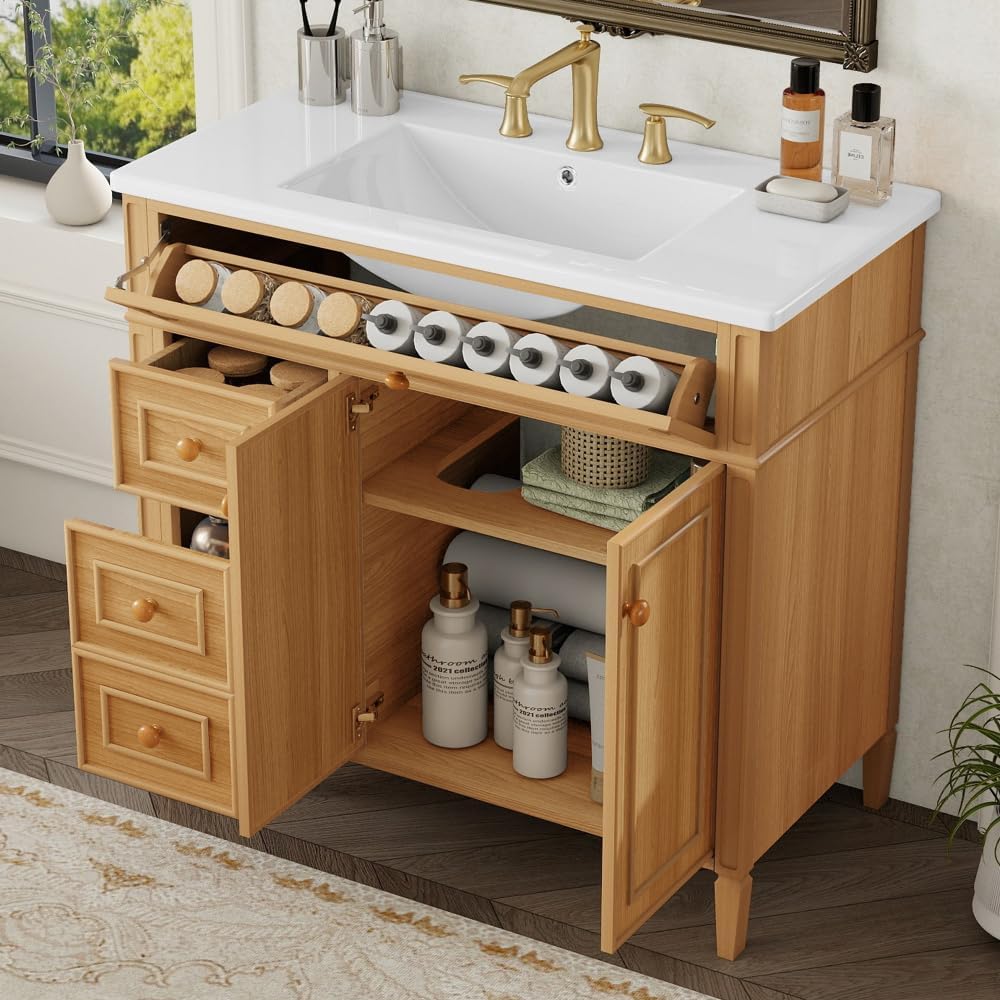 36 Inch Bathroom Vanity with Sink, Single Sink Bathroom Vanities, Gold Handles Bathroom Sink Cabinet (Wood)