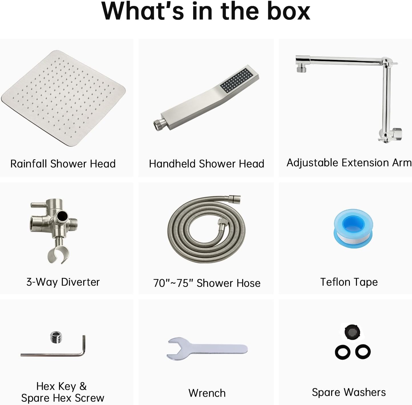 G-Promise All Metal 12 Inches Rainfall Shower Head with Handheld Spray Combo, 3 Settings Diverter, Adjustable Extension Arm with Lock Joints, 71 Inches Stainless Steel Hose (Brushed Nickel)