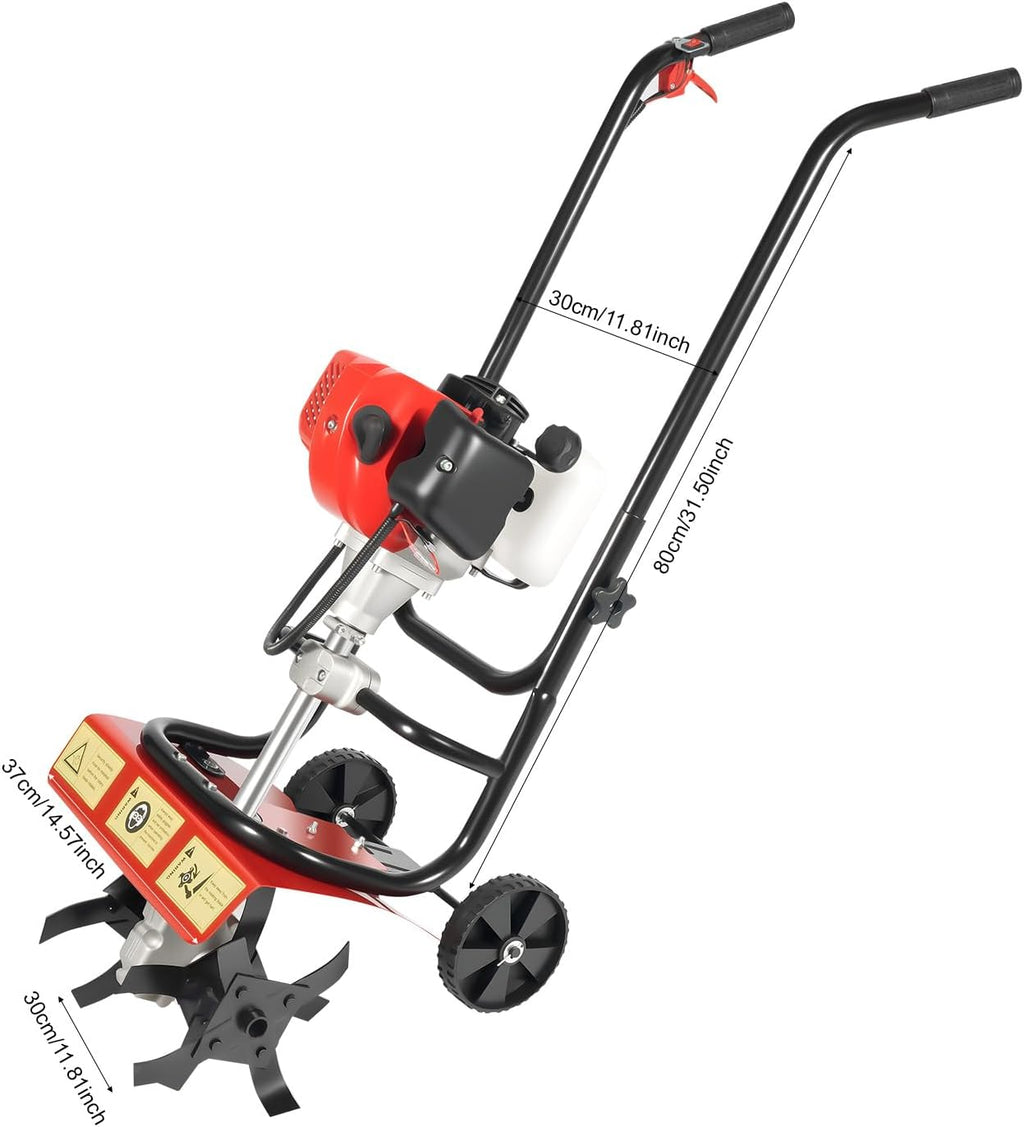 52CC Mini Hand Push Tiller Cultivator with Wheels, 2HP 2-Stroke Air-Cooled Single Cylinder Gas Rototiller,7000RPM Recoil Tillage Ripper for Garden Lawn, Digging, Weed Removal,Soil Cultivation
