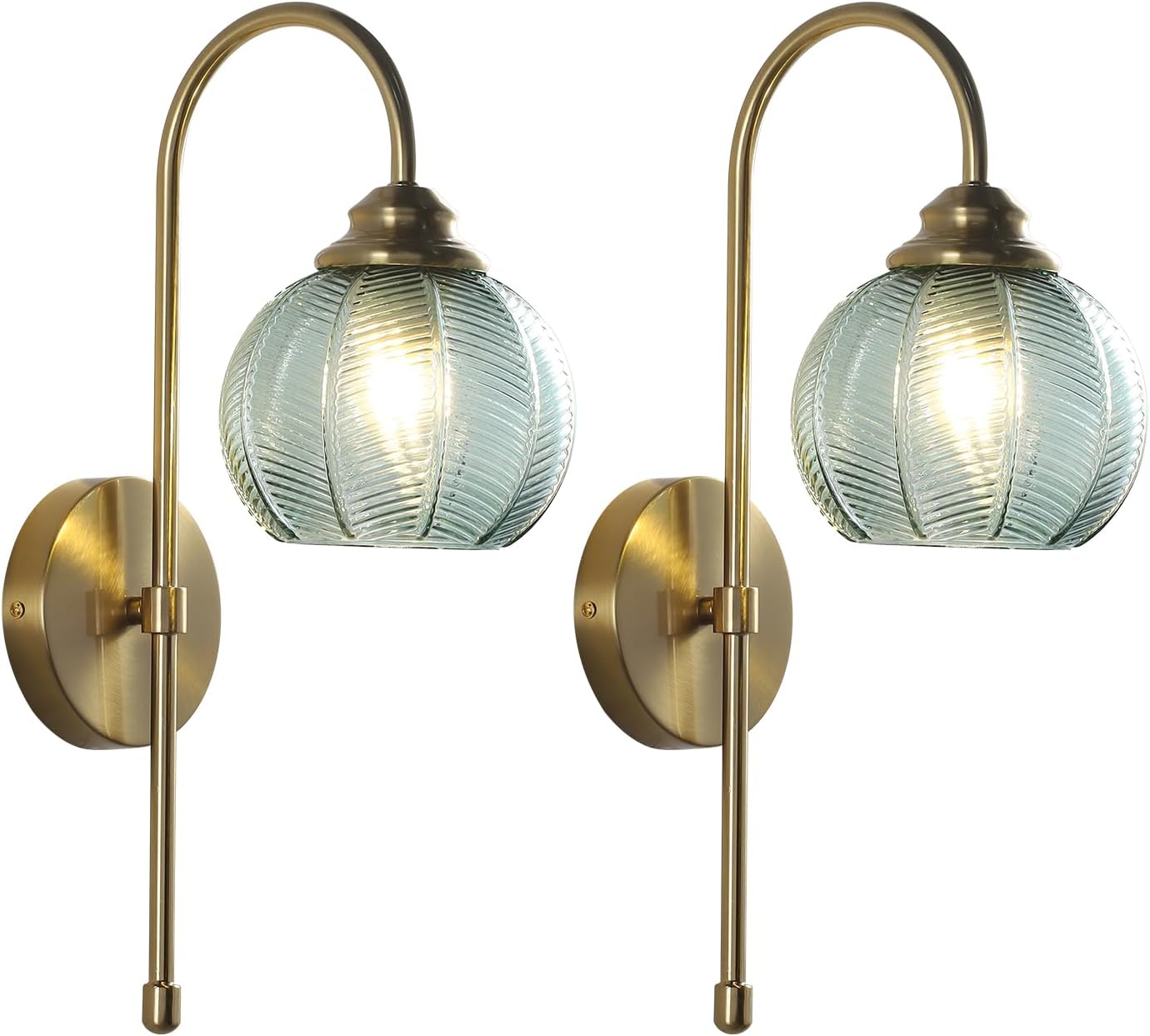 KCO Lighting Brushed Gold Wall Sconce Light Set of 2 Vintage Green Glass Wall Sconce Modern Globe Bathroom Vanity Light Fixture for Stair Corner Hallway
