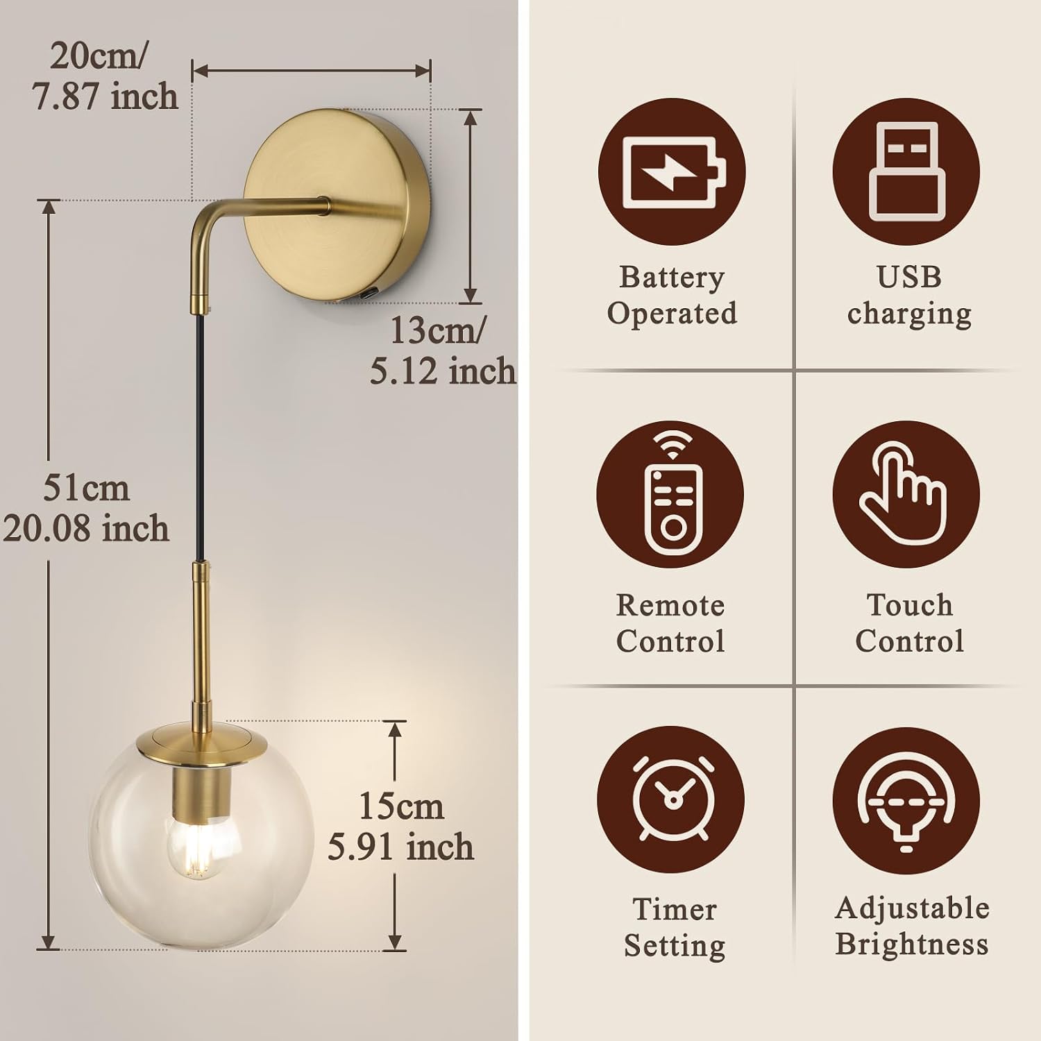 Battery Operated sconces Set of 2 Glass Globe Rechargeable Wall Light Fixture Wireless Wall Lights with Clear Glass Shade for Living Room, Hallway, Bedroom(2 Pack)