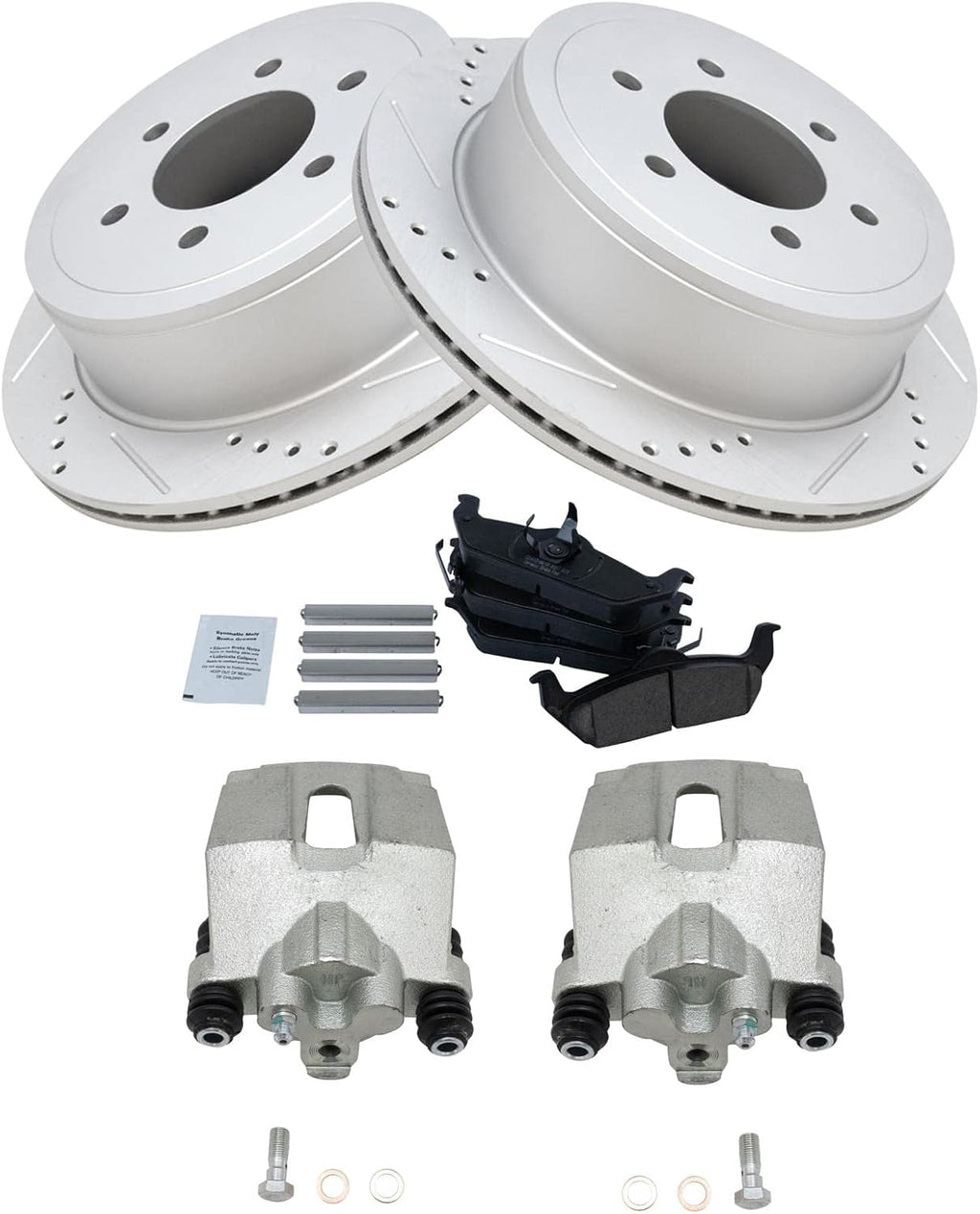 TRQ Performance Rear Brake Pad and Rotor Set Ceramic Vented Coated Slotted Drilled Rotors Calipers Compatible with 2004-2011 Ford F-150 2006-2008 Lincoln Mark LT