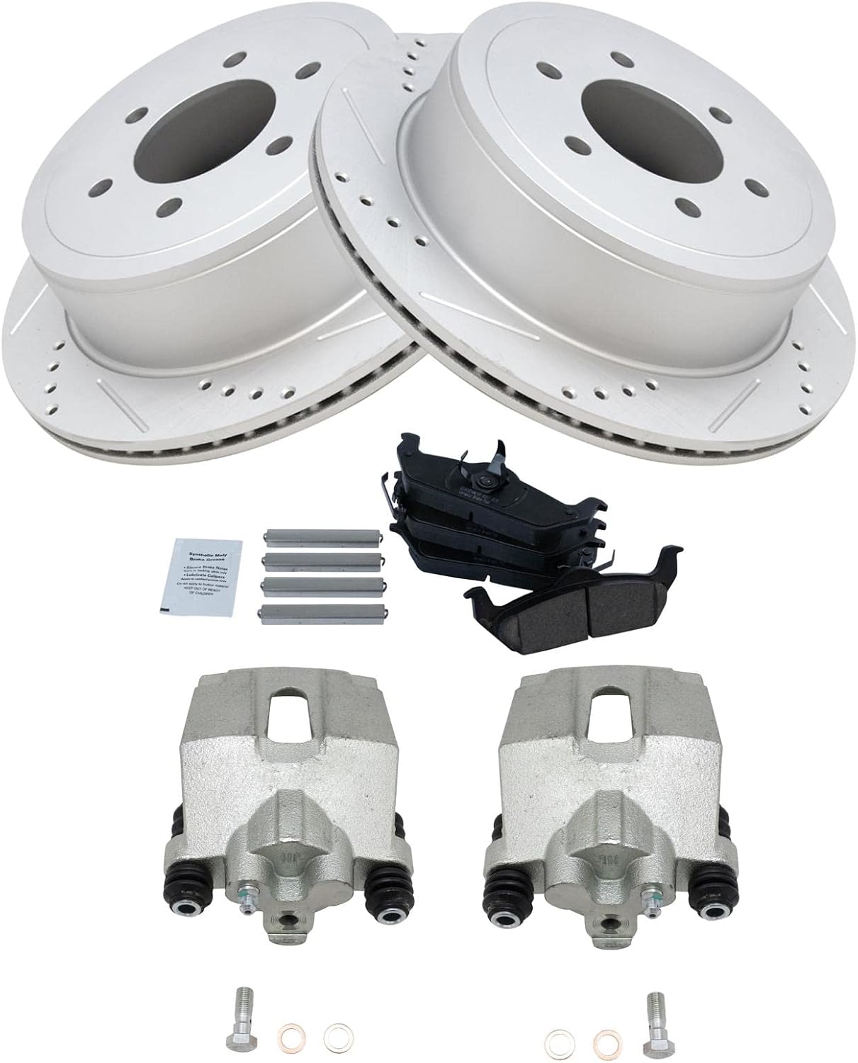 TRQ Performance Rear Brake Pad and Rotor Set Ceramic Vented Coated Slotted Drilled Rotors Calipers Compatible with 2004-2011 Ford F-150 2006-2008 Lincoln Mark LT