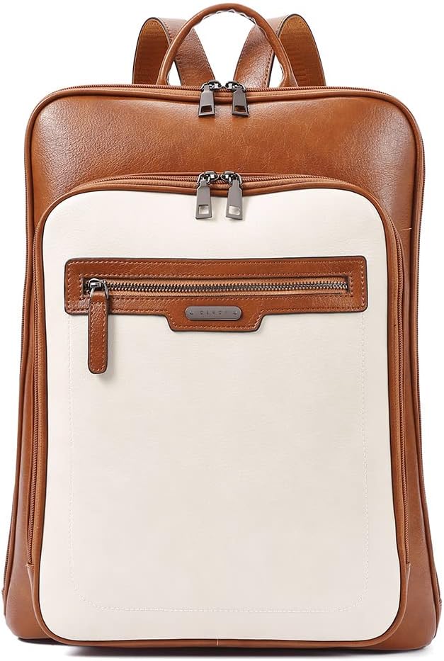 CLUCI Leather Laptop Backpack for Women 15.6 Inch Computer Travel Large Business Work Daypack Off-White with Brown