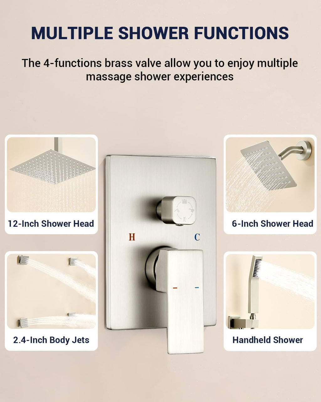 Dual Rainfall Shower Head System with 4 Body Jets, JetsBath Shower Faucet Set Double Shower Head 6-Inch Shower Head & 12' Rain Shower, Luxury Brushed Nickel Shower Faucet Set Tandem Shower Head System