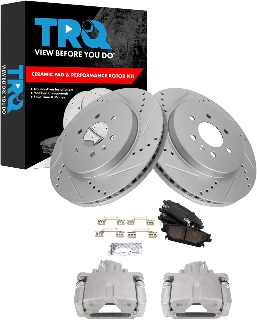 TRQ Performance Rear Brake Pad and Rotor Set Ceramic Vented Coated Slotted Drilled Calipers Compatible with 2004-2009 Cadillac SRX