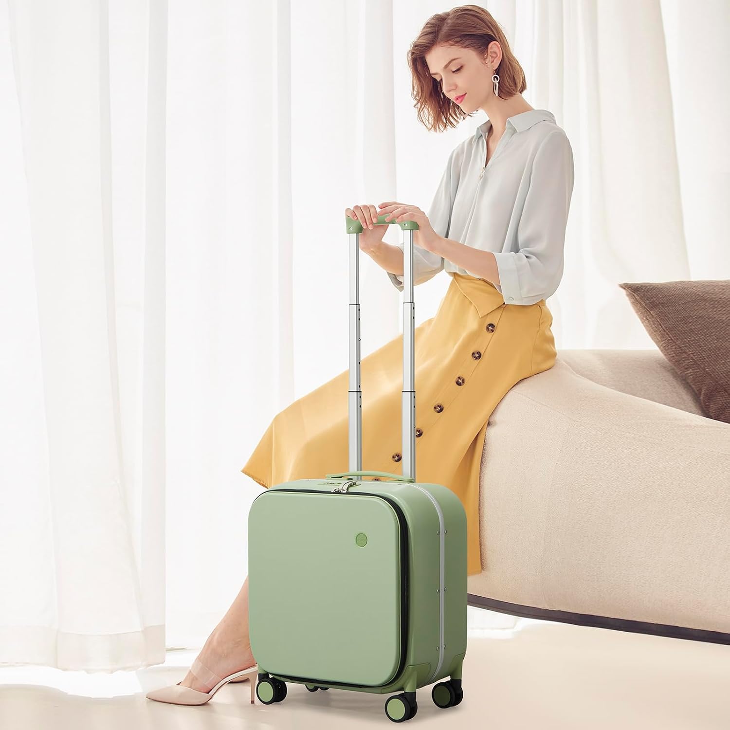 mixi Carry On Luggage, 18' Suitcase with Front Pocket, Travel Luggage Aluminum Frame PC Hardside with Spinner Wheels & TSA Lock and Cover (Not for Underseat), Avocado Green