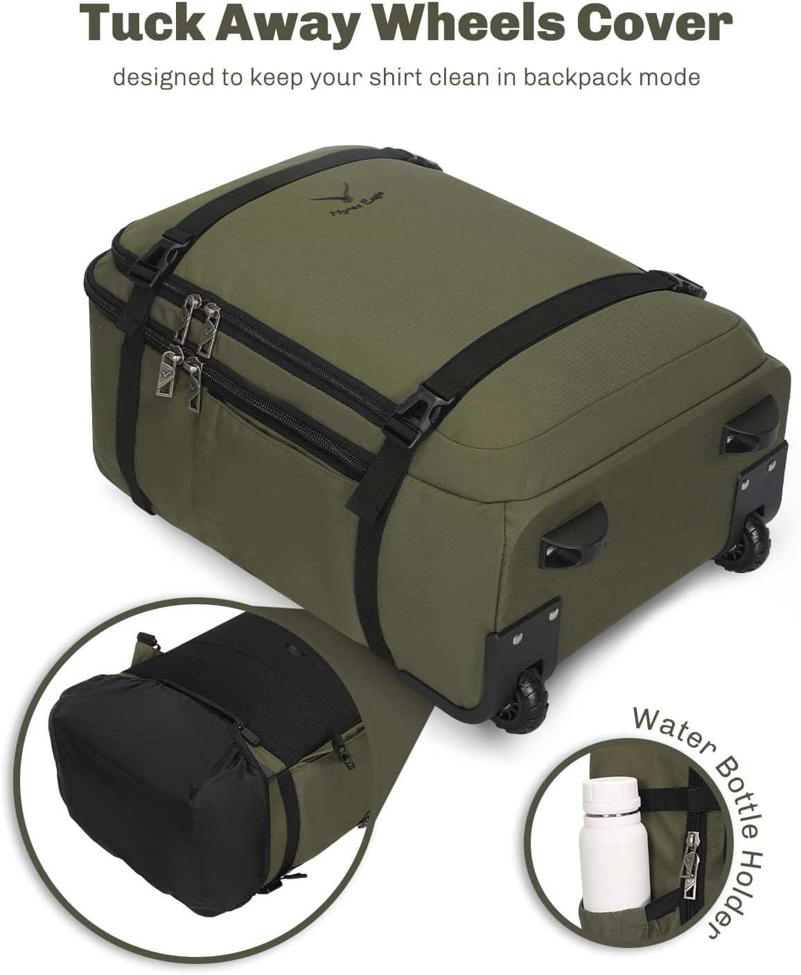 Hynes Eagle Rolling Backpack 42L Backpack with Wheels Airline Approved Carry on Luggage Laptop Travel Suitcase Bag for Women Men Dark Green