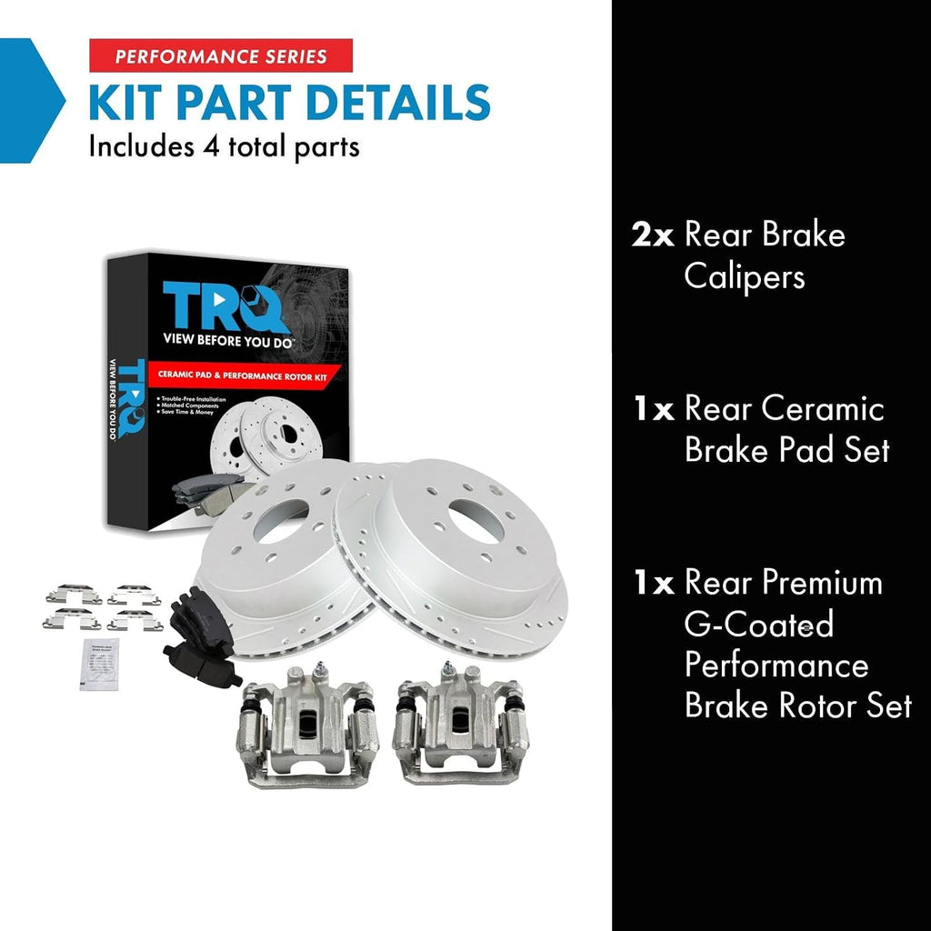 TRQ Performance Rear Brake Pad and Rotor Set Ceramic Vented Coated Rotors Calipers Compatible with 2006-2007 Nissan Xterra