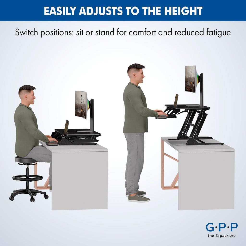 36″ Wide Standing Desk Converter – Sit-to-Stand Workstation for Dual Monitors, Height Adjustable Up to 17.3″ with Large Keyboard Tray – Black