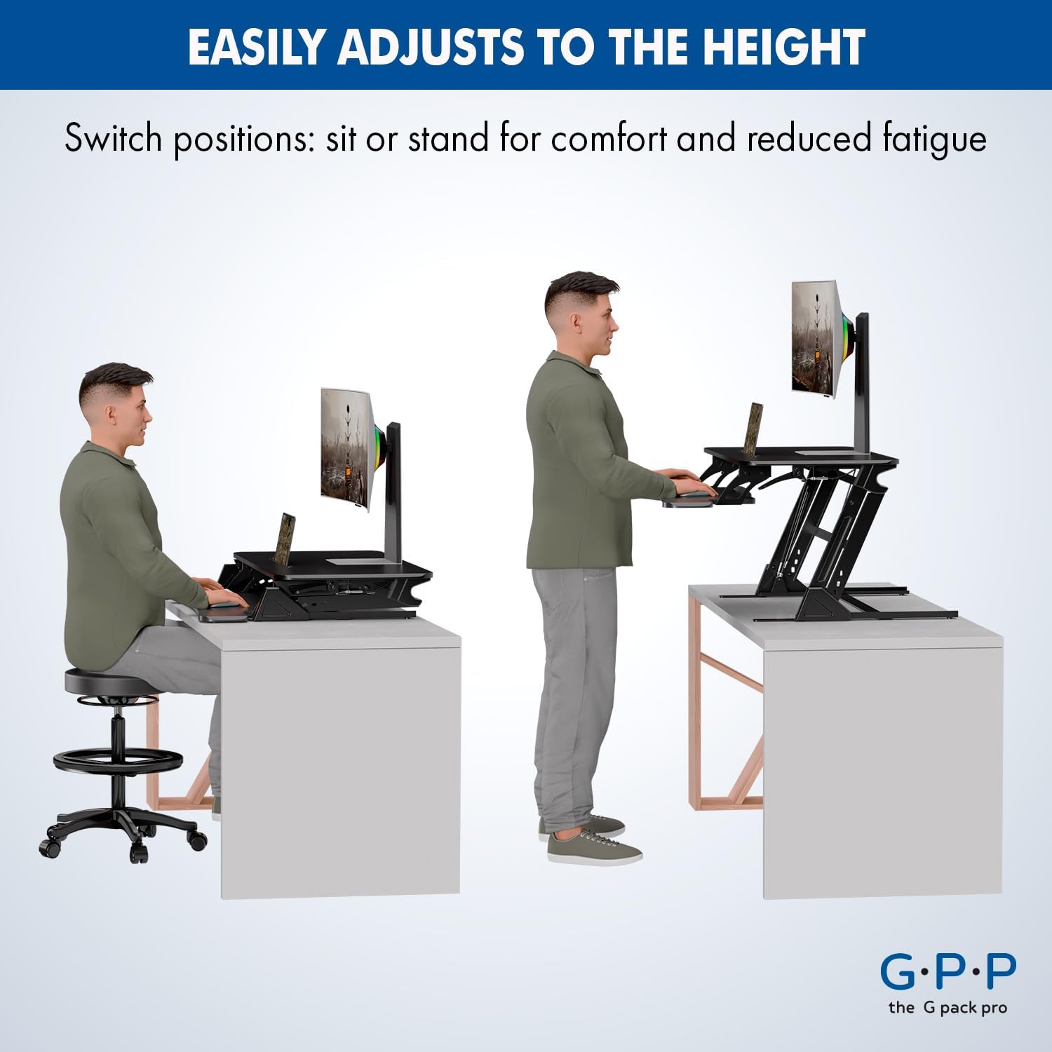 36″ Wide Standing Desk Converter – Sit-to-Stand Workstation for Dual Monitors, Height Adjustable Up to 17.3″ with Large Keyboard Tray – Black
