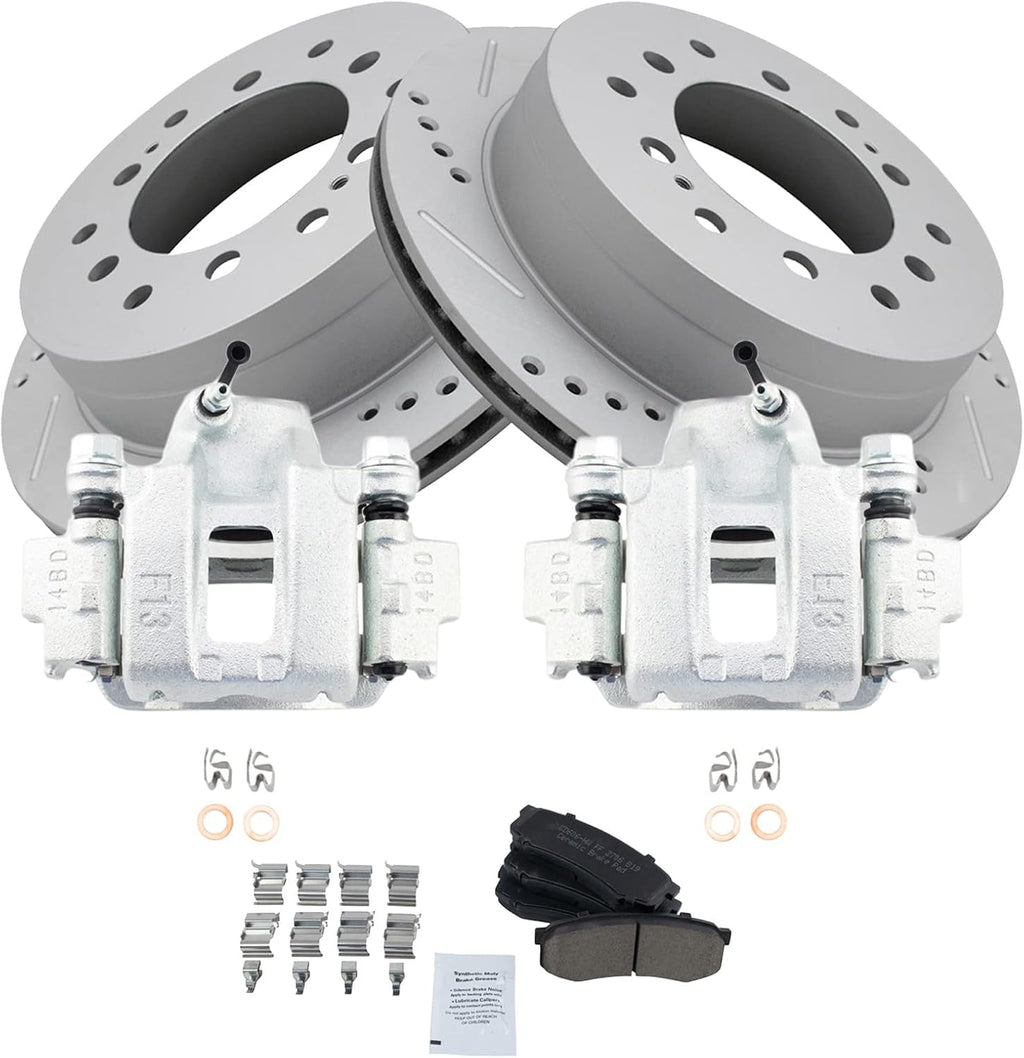 TRQ Performance Rear Brake Pad and Rotor Set Ceramic Coated Drilled Slotted Rotors Calipers Compatible with 2003-2009 Toyota 4Runner 2007-2009 FJ Cruiser