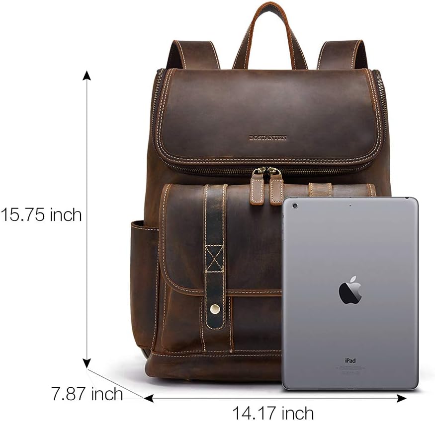 BOSTANTEN Leather Backpack for Men 15.6 inch Laptop Backpack Vintage Travel Office Bag Large Capacity Shoulder Bag Coffee