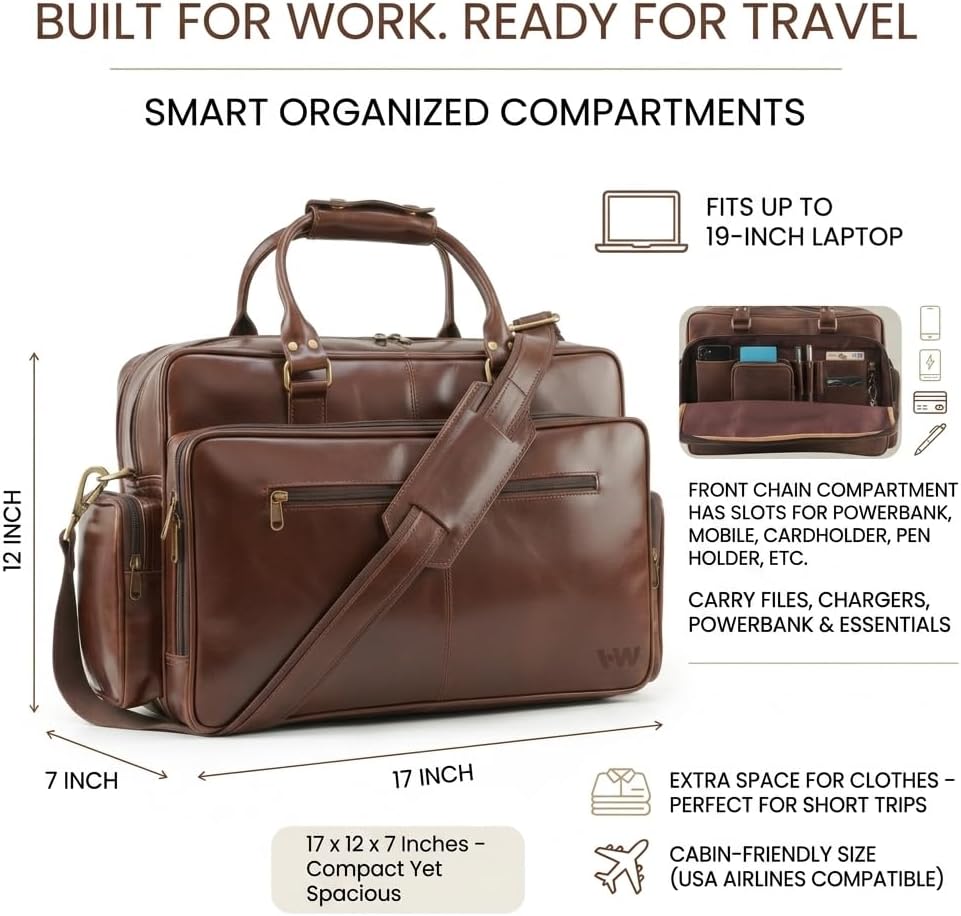 Handmade World Full Grain Leather Briefcase for Men – Large Brown Laptop Bag Fits Up to 19 Inch, Executive Office Work Bag