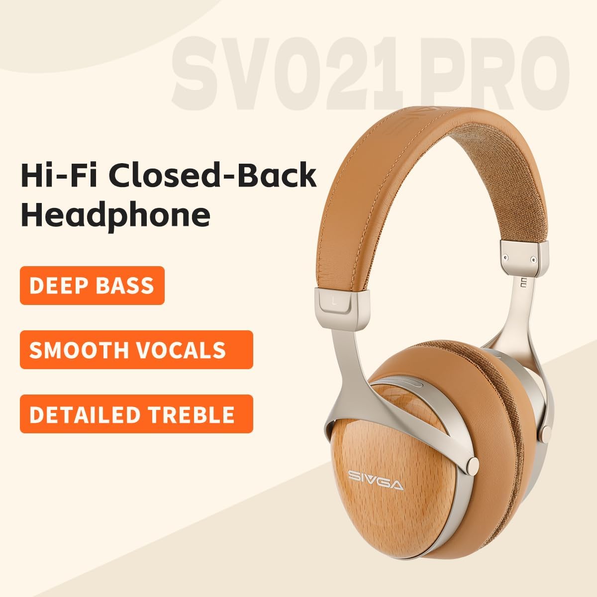 SIVGA SV021 Pro HiFi Wooden Closed-Back Over-Ear Wired Headphones with 50mm Dynamic Driver, Detachable Cable (Zebrawood)