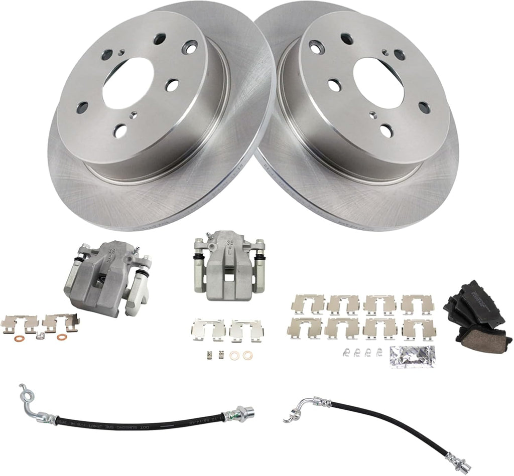 TRQ Rear Brake Pad and Rotor Set Ceramic Rotors Calipers Hoses Compatible with 2006-2011 Toyota RAV4