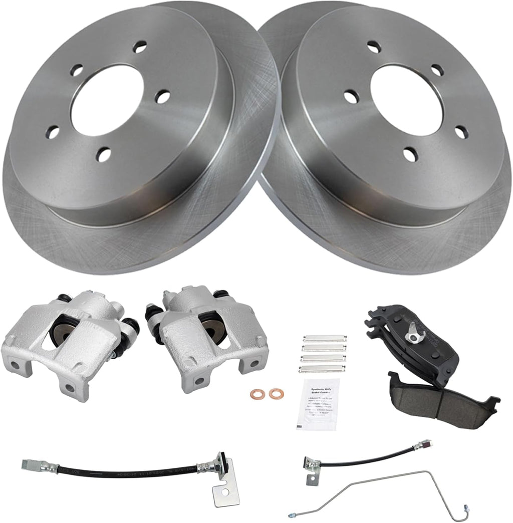 TRQ Rear Brake Pad and Rotor Set Ceramic Rotors Calipers Hoses Compatible with 1999-2003 Ford F-150 2004 F-150 Heritage