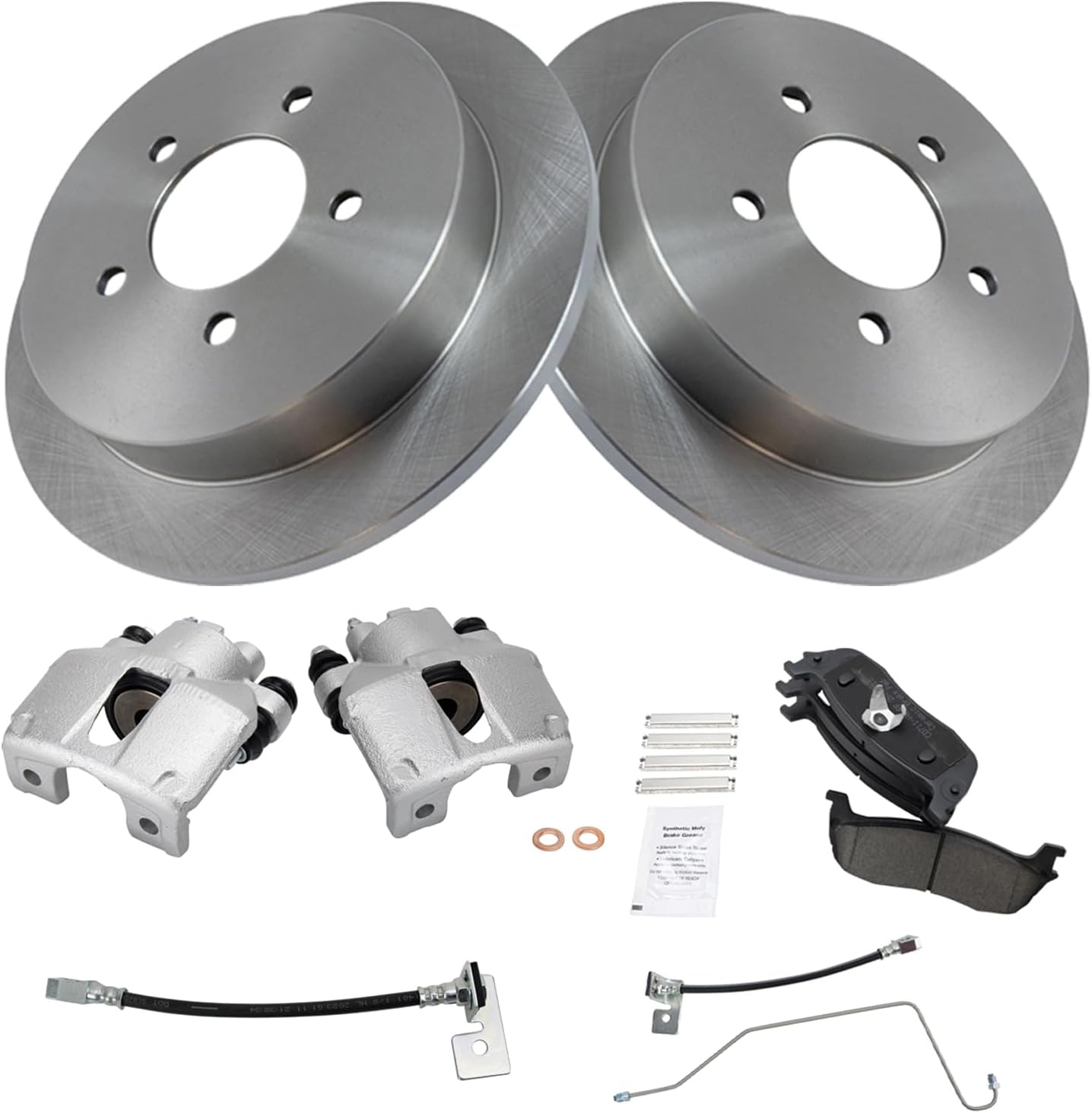 TRQ Rear Brake Pad and Rotor Set Ceramic Rotors Calipers Hoses Compatible with 1999-2003 Ford F-150 2004 F-150 Heritage