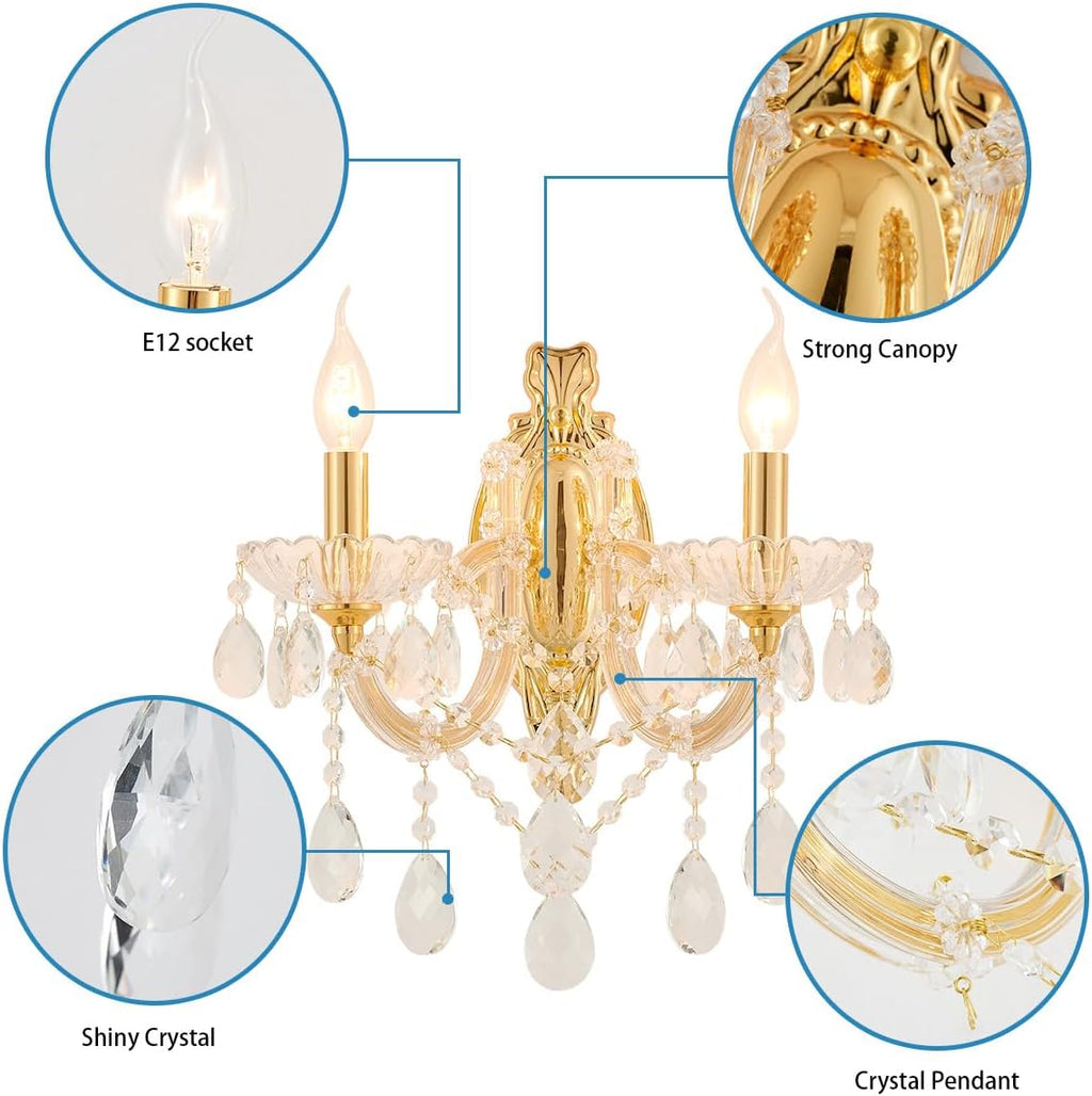YLONG-ZS Gold Crystal Sconces Set of 2, Crystal Wall Chandelier Sconces Modern, Wall Mount Lamps Bedside, Wall Lamp Gold Wall Light for Bedroom, Living Room,Bathroom,Restrant,Hallway