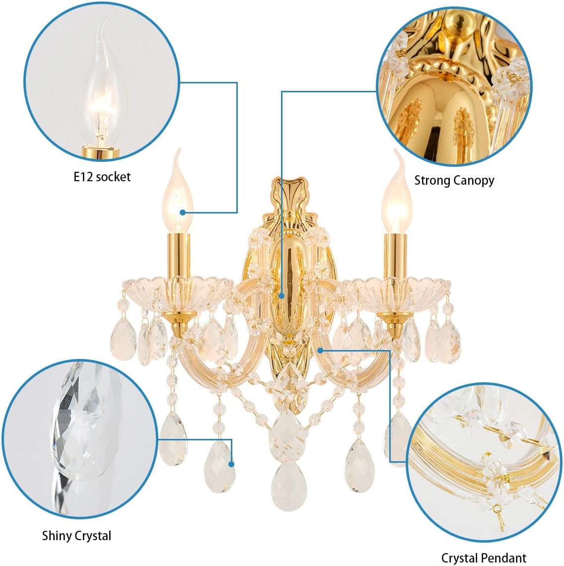 YLONG-ZS Gold Crystal Sconces Set of 2, Crystal Wall Chandelier Sconces Modern, Wall Mount Lamps Bedside, Wall Lamp Gold Wall Light for Bedroom, Living Room,Bathroom,Restrant,Hallway