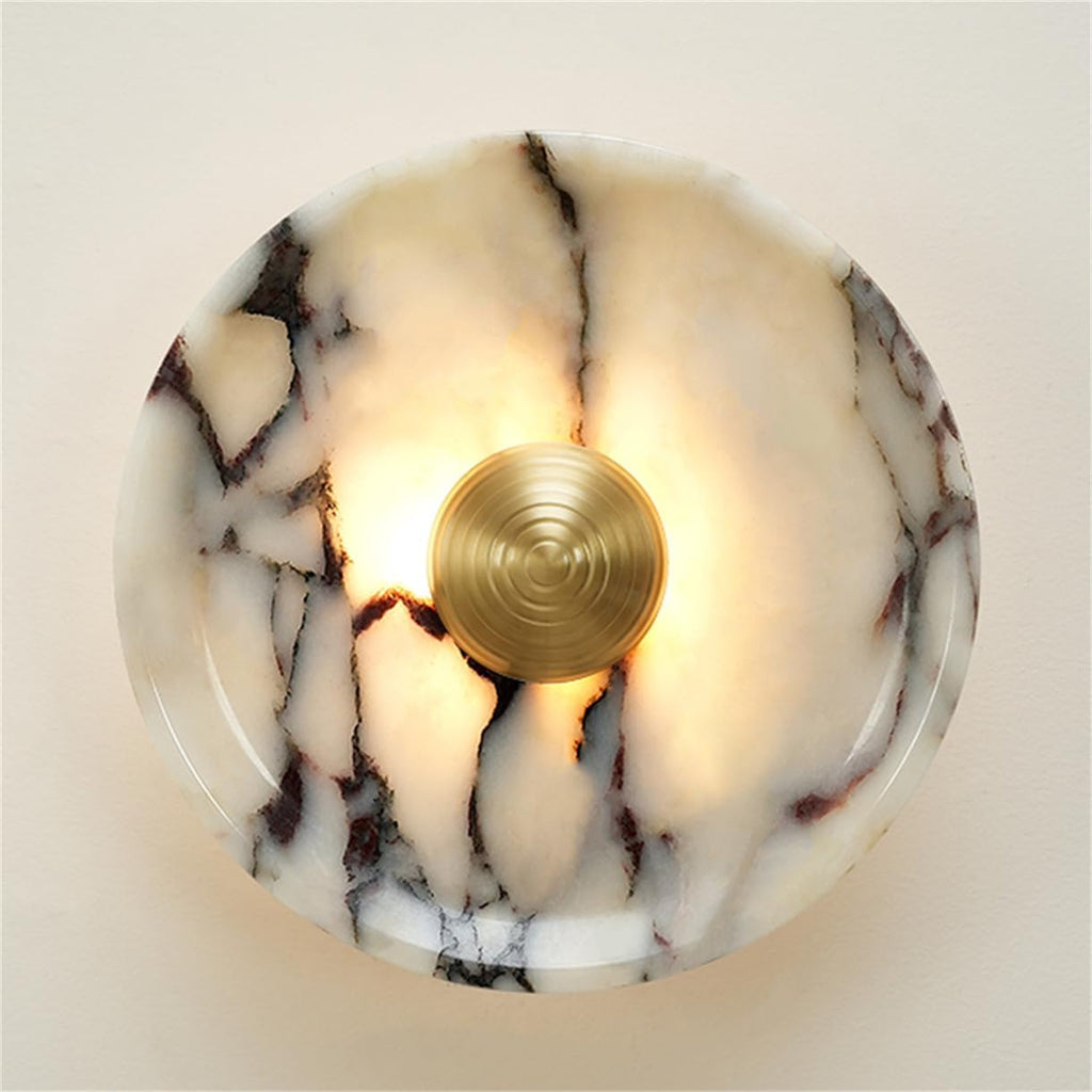Wabi Vintage Natural Marble Wall Sconce - Circular Alabaster LED Lamp for Bathroom & Home with Gold/Silver Iron Details(Gold)