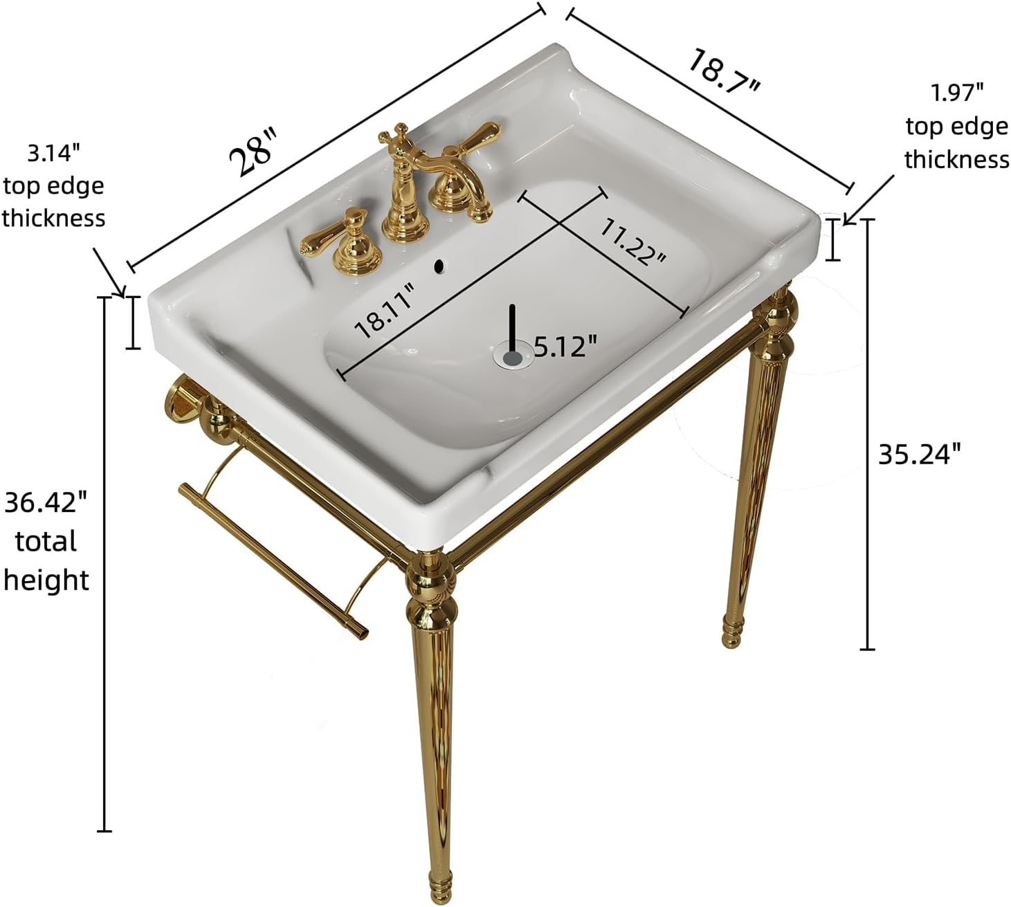 28'' Console Bathroom Sink, Freestanding Console Sink With Stainless Brushed Gold Legs, Modern Bathroom Vanity with 3 Tap Holes, White Ceramic Basin