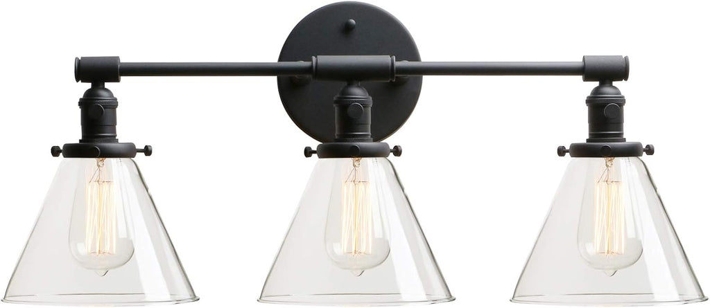 Permo Vintage Industrial Antique Three-Light Wall Sconces with Funnel Flared Clear Glass Shade (Black)