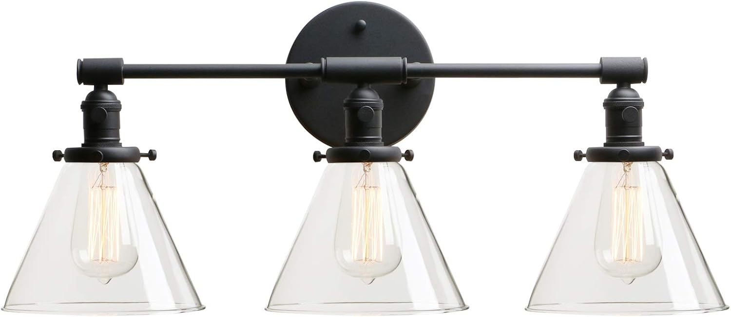 Permo Vintage Industrial Antique Three-Light Wall Sconces with Funnel Flared Clear Glass Shade (Black)