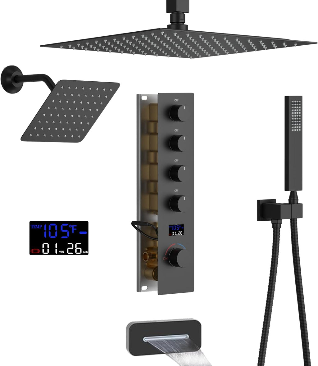 Bathroom Shower Faucet Set Dual Shower Heads Shower System with 12' & 8' Shower Heads, Handheld,Waterfall Bathtub Spout and Digital Display Valve,Full Body Shower System,Matte Black