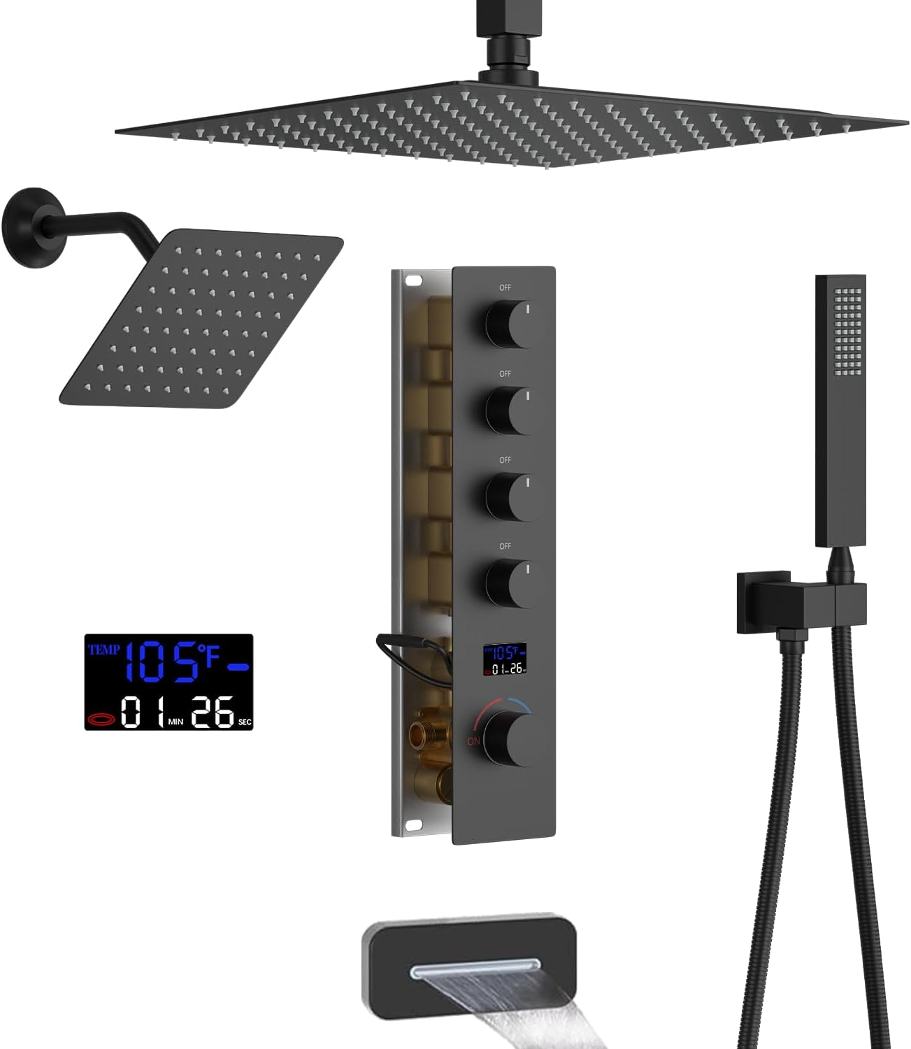 Bathroom Shower Faucet Set Dual Shower Heads Shower System with 12' & 8' Shower Heads, Handheld,Waterfall Bathtub Spout and Digital Display Valve,Full Body Shower System,Matte Black