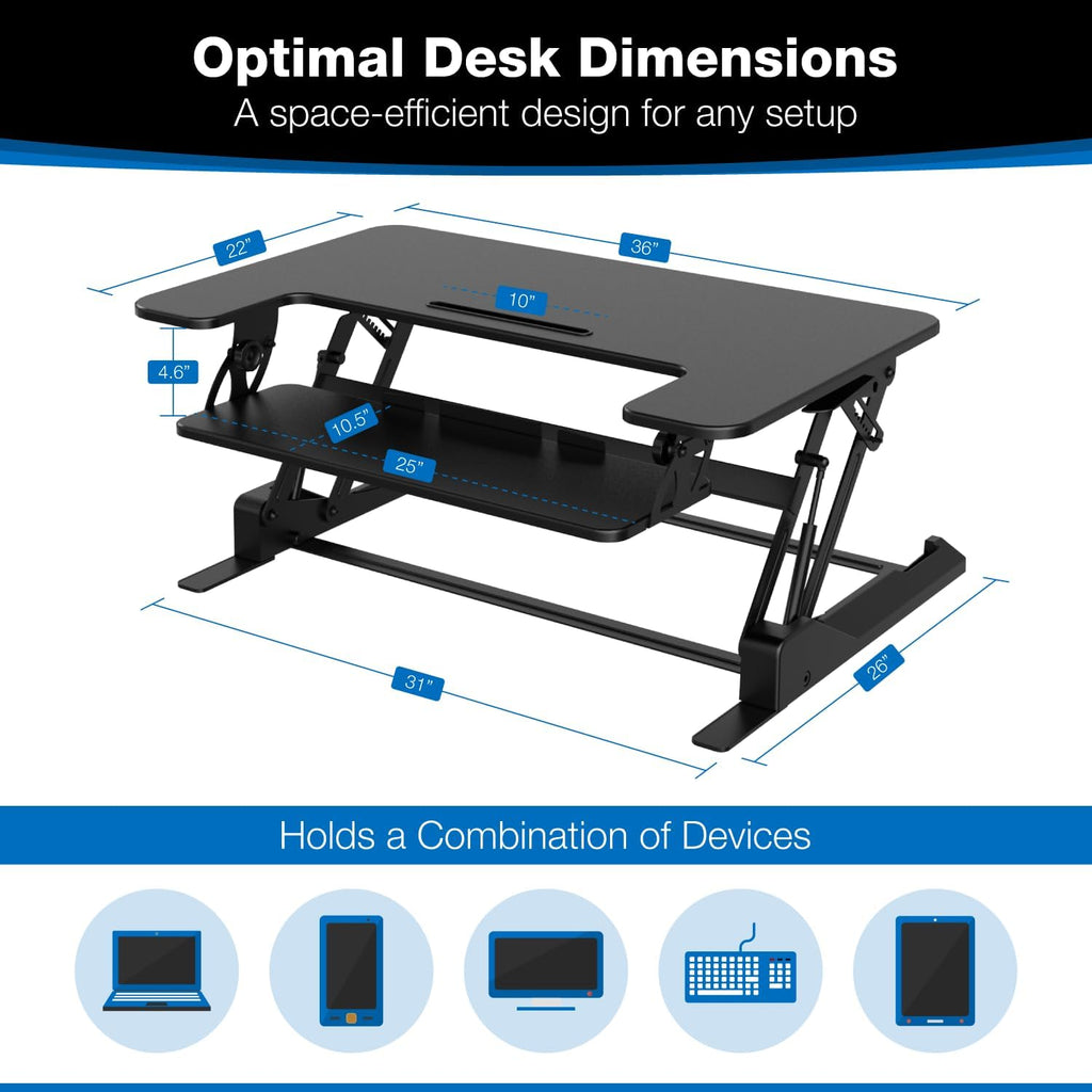 Mount-It! Standing Desk Converter - Height Adjustable Stand Up Desk with Gas Spring Riser - Wide 36 Inch Sit Stand Workstation Fits Dual Monitors – Black (MI-7926)