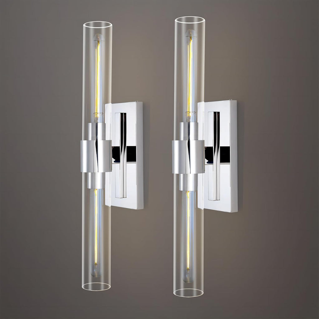 Chrome Wall Sconces, 22.8' Bathroom Sconces, Indoor Sconces Wall Lighting Up and Down, Nickel Wall Sconce Set of Two Dimmable, Vanity Lights for Bathroom with Tube, Glass Sconce for Bedroom, Staircase