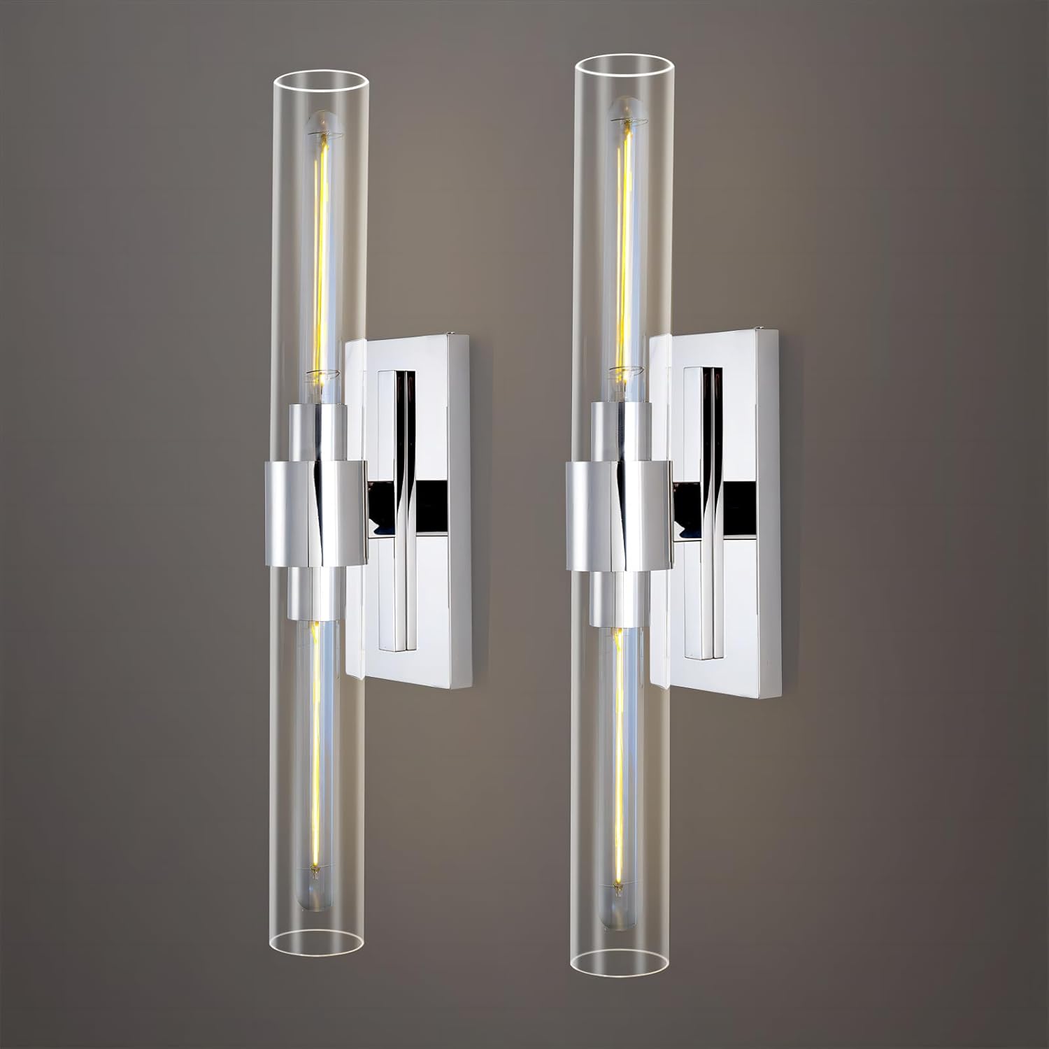 Chrome Wall Sconces, 22.8' Bathroom Sconces, Indoor Sconces Wall Lighting Up and Down, Nickel Wall Sconce Set of Two Dimmable, Vanity Lights for Bathroom with Tube, Glass Sconce for Bedroom, Staircase