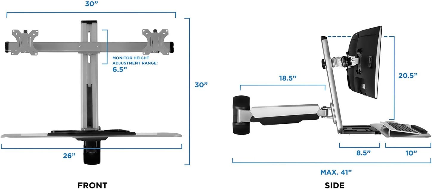 Mount-It! Dual Monitor Wall Mount Workstation with Keyboard Tray & CPU Holder, Sit-Stand Gas Spring Computer Station, Fits Two 27' Displays, 17.6 lbs Each, VESA 75x75 100x100