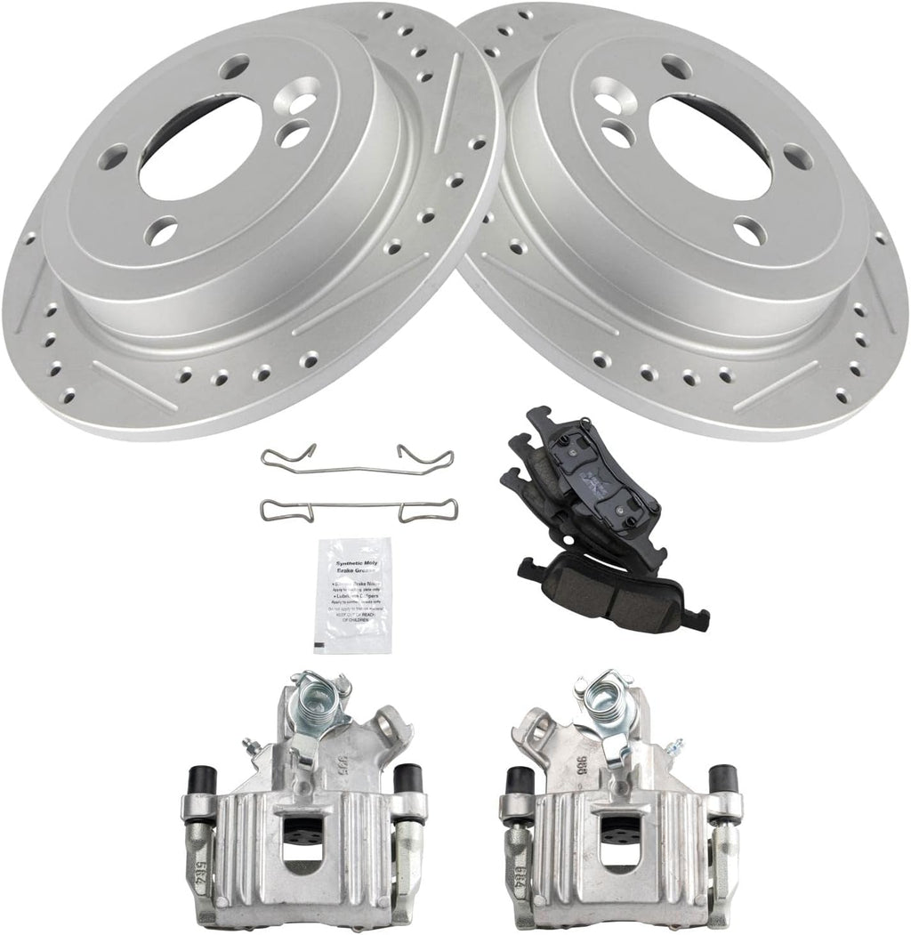 TRQ Performance Rear Brake Pad and Rotor Set Ceramic Solid Rotors Calipers Compatible with 2007-2008 Mini Cooper