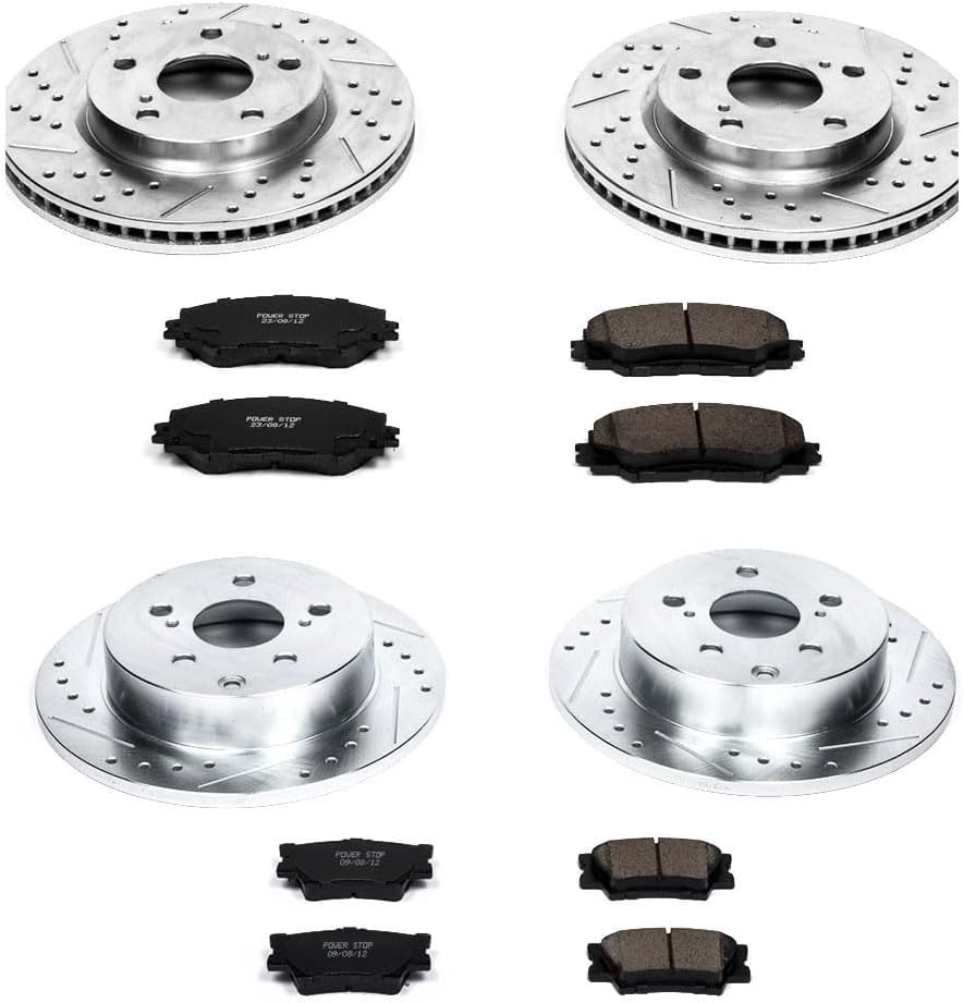 PowerStop Front and Rear Brake Kit for Lexus HS250h 2010-12 | Toyota RAV4 2006-18 - Drilled and Slotted Disc Rotors with Carbon-Fiber Ceramic Brake Pads Replacement, K4100
