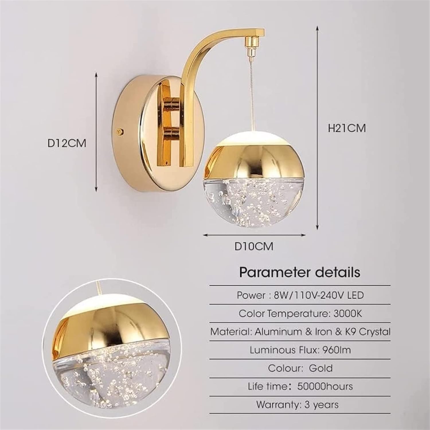 Crystal Bubble Wall Sconce, Modern Nordic Simple Wall Lamp, LED Decorative Lighting Fixtures, Indoor Wireless Wall Light for Bathroom, Entryway, Hallway, Living Room, Bedroom (Size : Gold)(Gold)