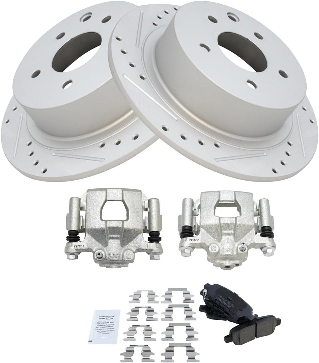 TRQ Performance Rear Brake Pad and Rotor Set Ceramic G Coated Solid Rotors Calipers Compatible with 2002-2006 Nissan Altima 2004-2006 Maxima 2013-2022 Altima