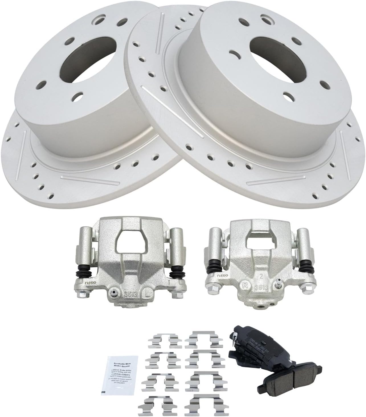 TRQ Performance Rear Brake Pad and Rotor Set Ceramic G Coated Solid Rotors Calipers Compatible with 2002-2006 Nissan Altima 2004-2006 Maxima 2013-2022 Altima